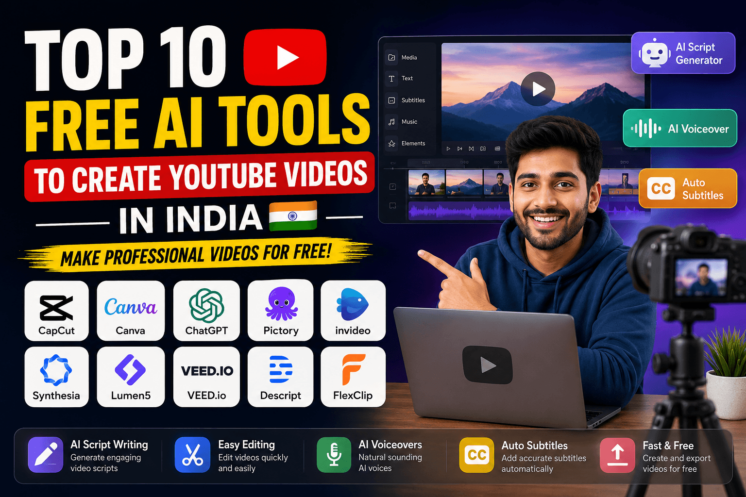 Top 10 Free AI Tools to Create YouTube Videos in India